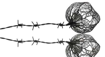 Abstract black and white image featuring barbed wire intertwined with intricate organic form