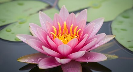 Pink Water Lily Blooming on Calm Water Surface with Green Pads.