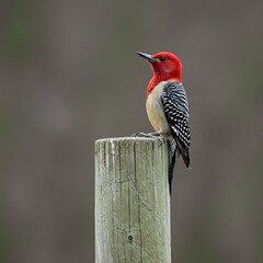 Red-bellied Woodpecker Perched atop Wooden Post in Nature.