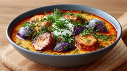 Top Down Photo of Gourmet Seafood Soup With Clams Garnished With Fresh Dill And Cream Served In A Dark Bowl On A Wooden Board