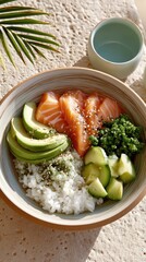 Top Down Photo of Colorful Salmon Poke Bowl With Rice Avocado Cucumber And Green Topping Served In A Bowl With Sesame Seeds And Hemp Seeds On A Textured Sandy Background With Palm Leaf Shadow