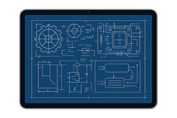 Tablet displaying engineering blueprint and circuit schematic with gear and flow chart, transparent background vector