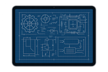 Tablet displaying engineering blueprint and circuit schematic with gear and flow chart, transparent background vector