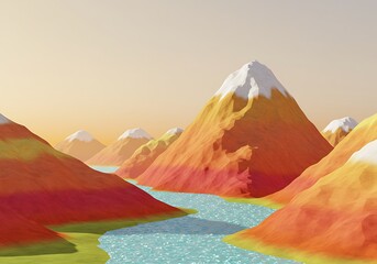 Stylized Mountain Landscape with River and Snow-Capped Peaks.