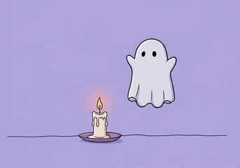 Spooky Halloween Ghost and Lit Candle on Purple Background.