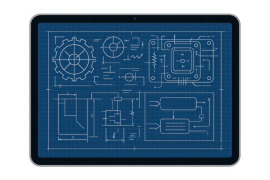 Tablet displaying engineering blueprint and circuit schematic with gear and flow chart, transparent background vector