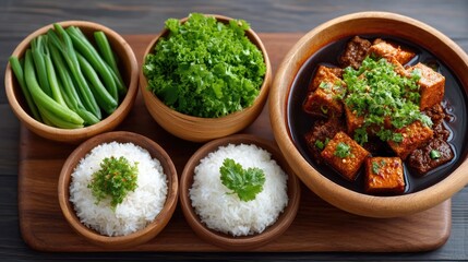 Top Down View of a Traditional Asian Meal Featuring Spicy Tofu and Fresh Green Beans with Steamed Rice Served in Wooden Bowls on a Dark Wooden Surface