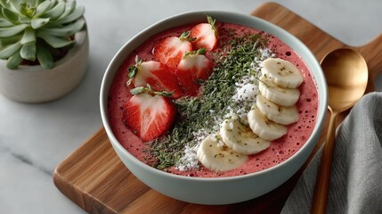Top Down View Of A Vibrant Pink Smoothie Bowl Garnished With Sliced Strawberries Banana Coins And Sprinkled Seeds On A Wooden Board With A Gold Spoon And A Succulent Plant In The Background