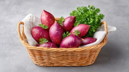 Top Down View Of A Woven Basket Filled With Fresh Vibrant Purple Sweet Potatoes Garnished With Green Parsley Sprigs On A Textured Gray Background