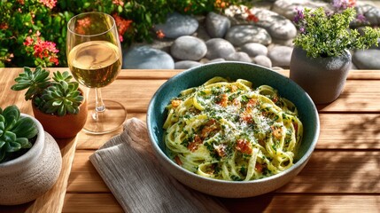 Top Down View of a Warm Creamy Pasta Dish Sprinkled With Herbs and Grated Cheese Served Outdoors on a Wooden Table Next to a Glass of White Wine and Potted Plants