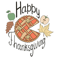 Happy Thanksgiving illustration with a pie, apples and leaves