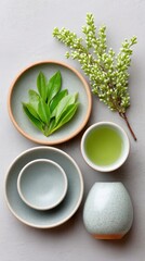 Top View Of A Rustic Flat Lay Featuring Vibrant Green Tea Leaves In A Speckled Ceramic Bowl Beside A Small Cup Of Green Tea And A Delicate Branch With Green Buds On A Textured Gray Surface