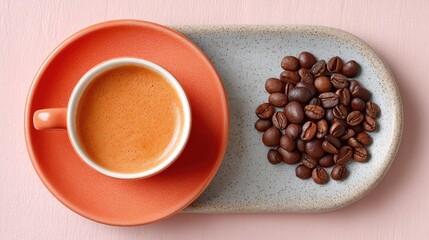 Top View Rustic Flat Lay Of Roasted Coffee Beans And Espresso Coffee In A Textured Orange Saucer And Speckled Ceramic Tray On A Soft Pink Surface