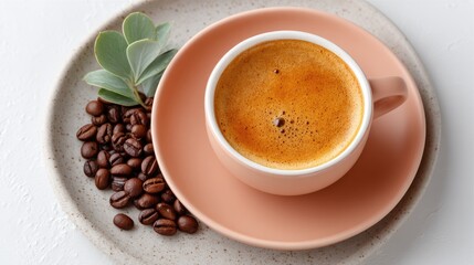 Top View Styled Flat Lay Of Roasted Coffee Beans And A Warm Cup Of Coffee With Frothy Creamy Foam And A Small Green Plant On A Round Plate With Soft Natural Lighting