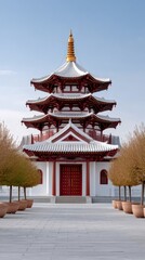Traditional Multi Tiered Pagoda Temple With Red Doors and Golden Spire Set Against a Clear Blue Sky Surrounded by Potted Trees in Autumn