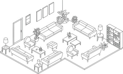 Isometric living room line drawing with sofas, armchairs, coffee tables, bookshelf, plants, interior design illustration, home architecture, furniture layout