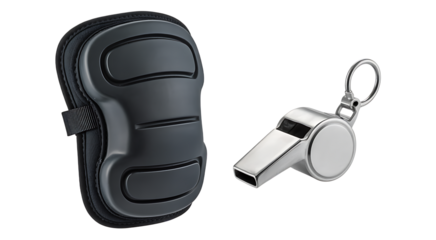 SPORT - Black protective knee pad and silver metal whistle isolated on white background, sports safety and referee equipment, perfect for fitness and outdoor activities