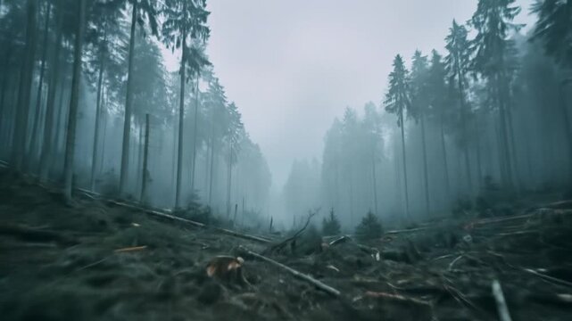 Desolate misty forest valley; felled trunks litter a cleared trail amid fading pines. Mist rolls in