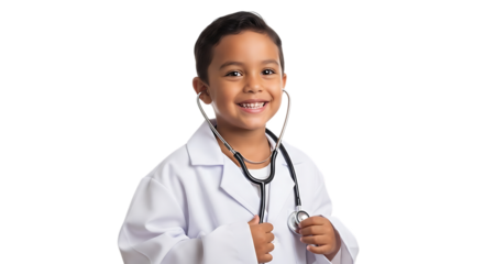 Smiling little boy dressed as a doctor isolated on transparent background