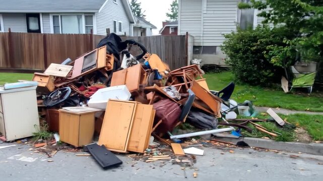 Overflowing Pile of Discarded Furniture and Debris on a Residential Street Next to a Fenced Yard and House