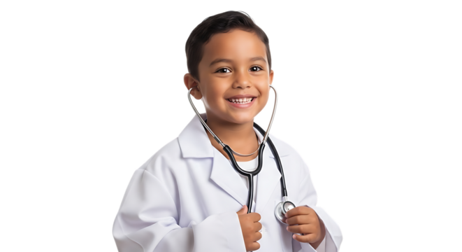 Smiling little boy dressed as a doctor isolated on transparent background