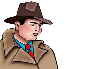 illustration of a detective in a hat on a white background.
