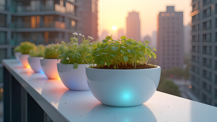 Balcony garden with glowing planters amidst urban architecture at sunset showcasing sustainability