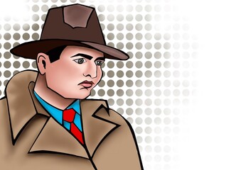  illustration of a detective in a hat on a white background.