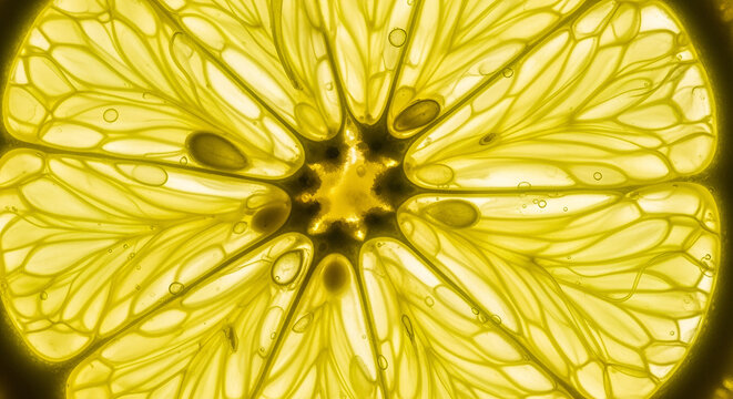 Macro shot of transparent lemon slices, citrus texture and abstract background
