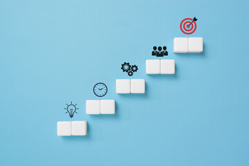 Business development strategy, Action plan and goal concepts, dice stacking as step stair with...