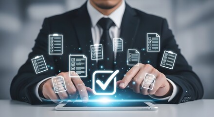 Businessman using tablet for document management system, online documentation database and process automation