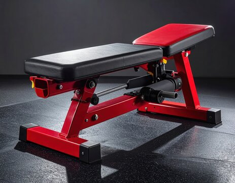 Adjustable workout bench and dumbbells placed on a rubber floor.