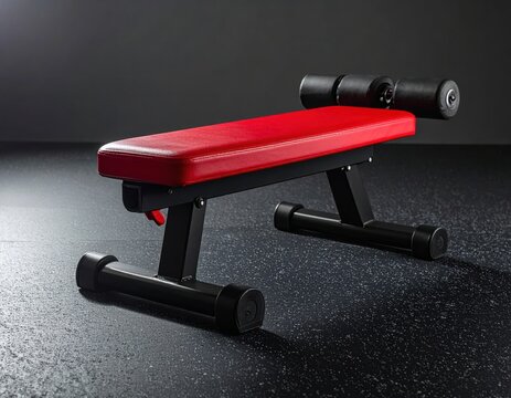 Adjustable workout bench and dumbbells placed on a rubber floor.