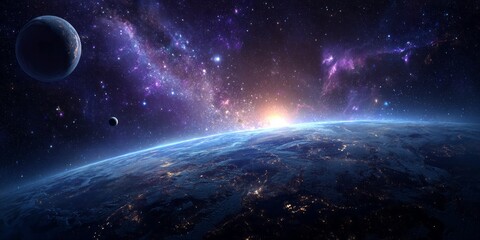 Obraz premium Planet sunrise over a vibrant, star-filled galaxy with moon.