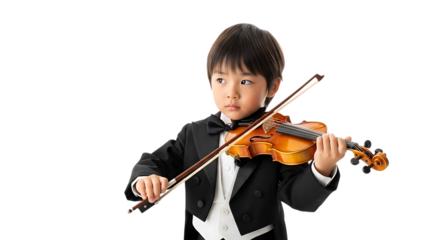 Concentrated young boy playing the violin isolated on transparent background