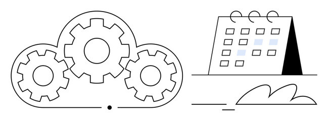Fototapeta premium Interconnected gears inside a cloud beside a desk calendar representing teamwork, cloud-based solutions, automation, planning, time management, productivity, and innovation. Ideal for project