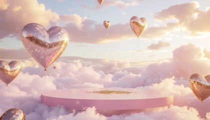 Fototapeta premium Podium in clouds with golden heart decoration. Vector realistic background, pastel colored clouds in sky. Platform for product display in dreamy heaven. Banner mockup