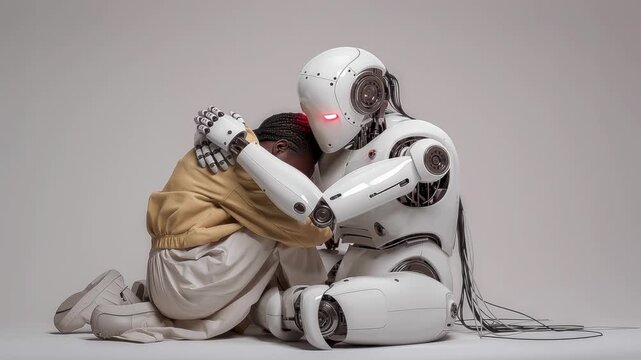 Futuristic Robot Comforting a Sad Human in Emotional 3D Scene. Video.