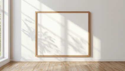 Fototapeta premium interior mockup with a large horizontal wooden frame leaning against a white wall