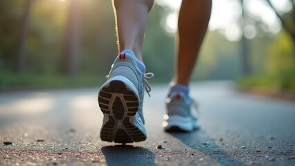 Close up shot of someone jogging on the street during early morning, sun light between trees,
