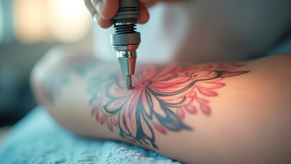 Close-up of a tattoo artist creating a vibrant floral design on a person's arm symbolizing