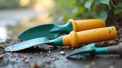 Close-up of Gardening Tools on Soil with Foliage Suggesting Outdoor Planting and Cultivation Ready