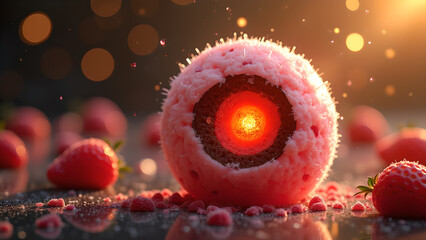Conceptual strawberry sphere with a radiant core amidst scattered berries and bokeh light adding