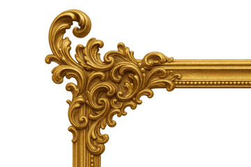 Ornate gold frame corner with intricate baroque filigree motif decoration on transparent background