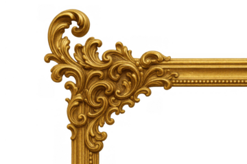 Ornate gold frame corner with intricate baroque filigree motif decoration on transparent background