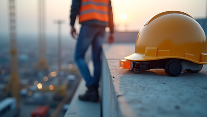 Construction worker silhouette overseeing urban development, hard hat emphasizing workplace safety
