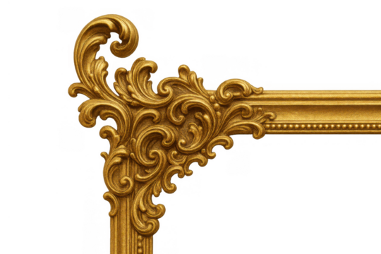 Ornate gold frame corner with intricate baroque filigree motif decoration on transparent background - Powered by Adobe