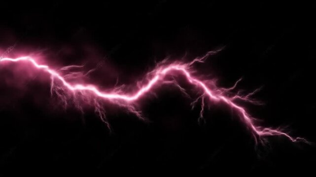 Jagged pink lightning bolts slash a dark sky, neon rain streaks glow under stormy night over horizon