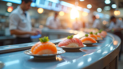 Conveyor belt sushi offers a fresh and diverse culinary experience with vibrant flavors, textures,