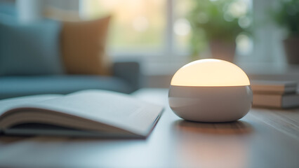 Cozy ambient reading nook with a soft light table lamp and open book on wooden surface
